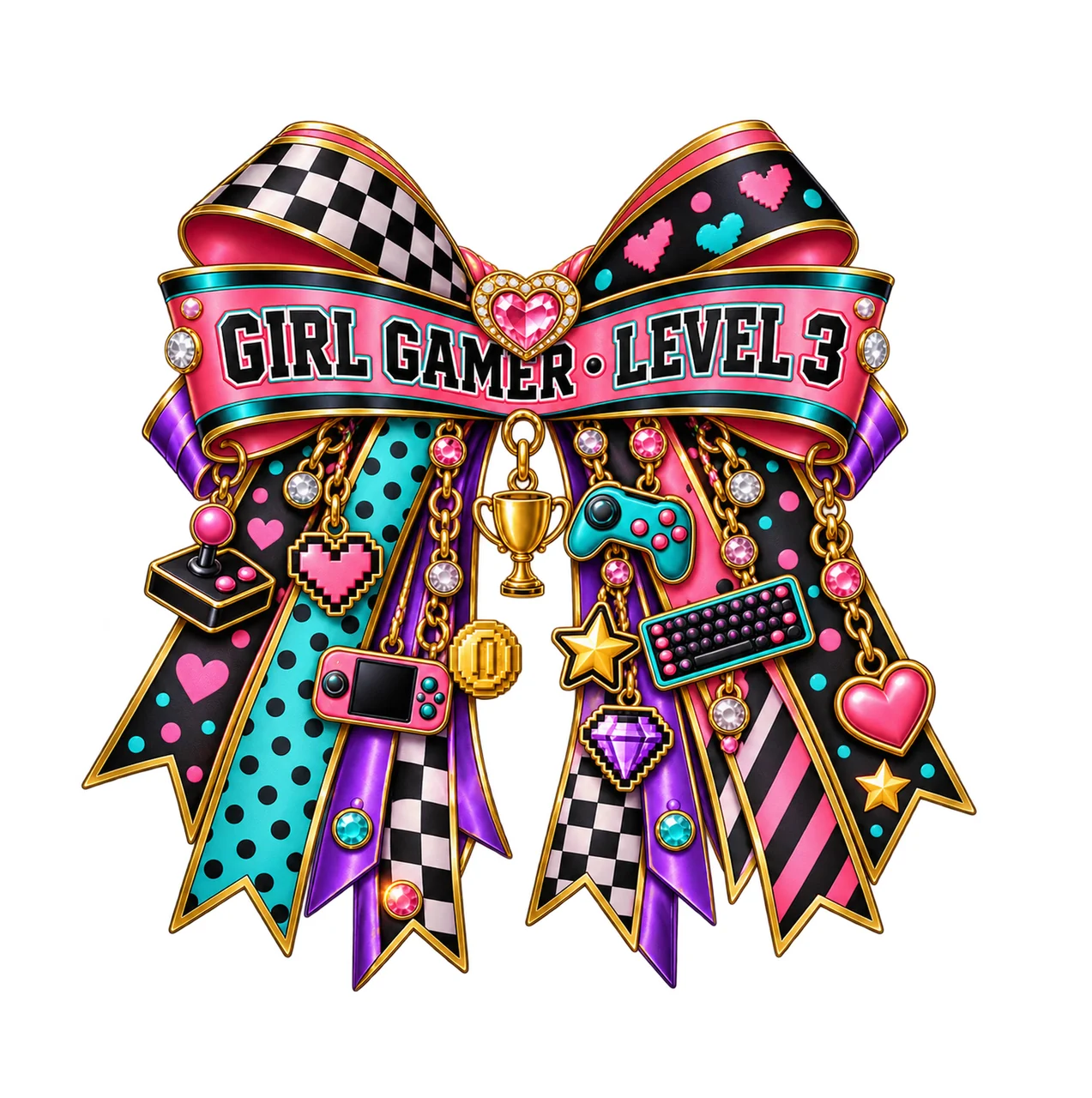 Girl Gamer Level 3 Bow Charm PNG, Patterned Coquette Bow Clipart, Transparent Sublimation Digital Download