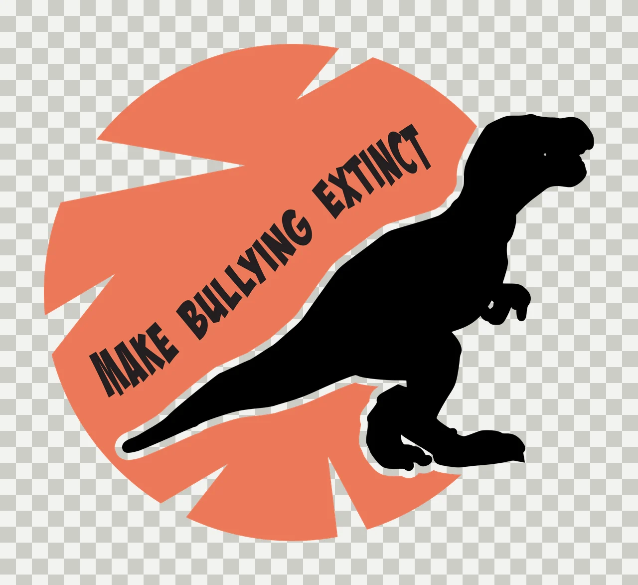 MAKE BULLYING EXTINCT Typography Design with black T-Rex silhouette, orange jagged circular background and text 'MAKE BULLYING EXTINCT' in white transparency and detail preview thumbnail