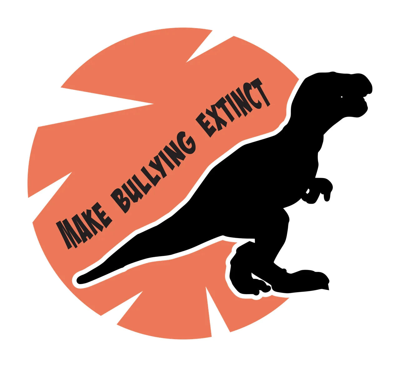 MAKE BULLYING EXTINCT Typography Design with black T-Rex silhouette, orange jagged circular background and text 'MAKE BULLYING EXTINCT' in white