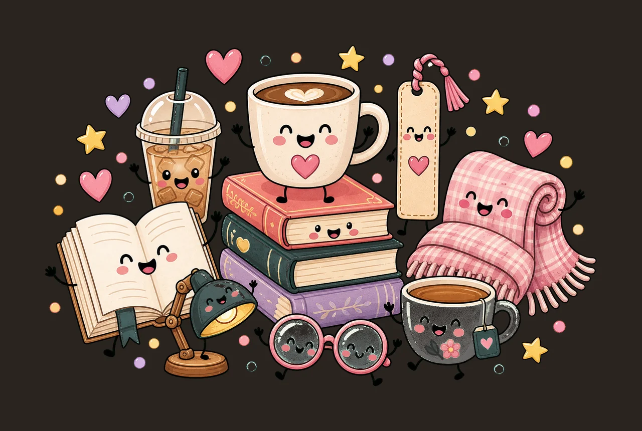 Books and Coffee Characters Doodle Cute Happy Variation C contrast preview thumbnail
