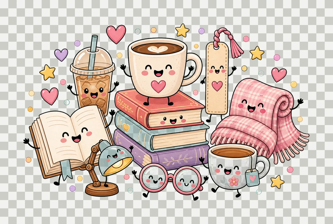 Books and Coffee Characters Doodle Cute Happy Variation C transparency and detail preview thumbnail