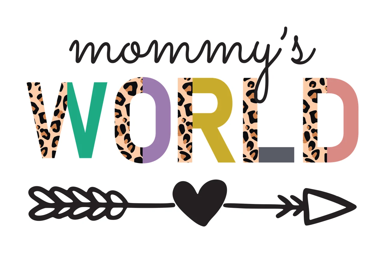 Mommy's WORLD typography with cursive script lettering, bold split-color block letters, leopard print pattern and arrow illustration in black, green and purple