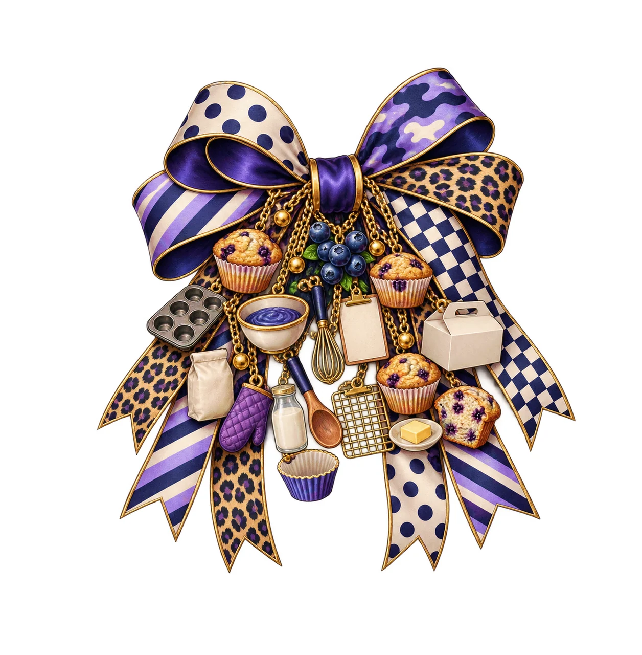 Blueberry Muffin Lover Bow Charm PNG, Themed Gold Chain Charms, Coquette Ribbon Sublimation Design, Transparent Digital Download