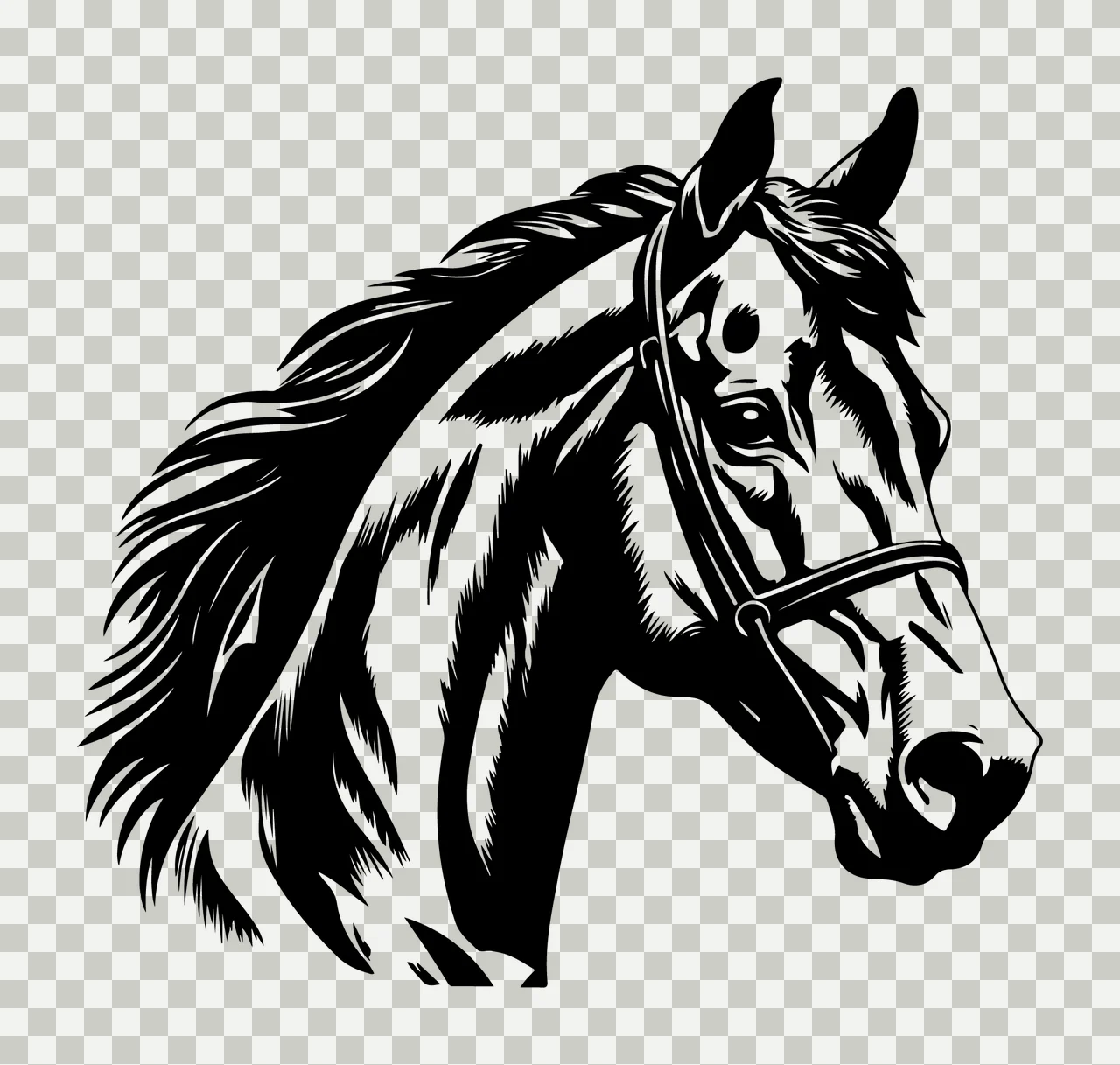 Horse Head Profile Silhouette Portrait Wearing bridle mane transparency and detail preview thumbnail