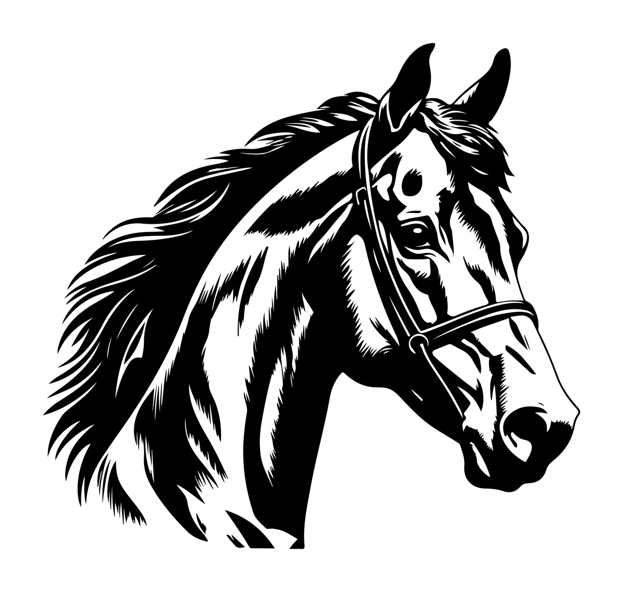 Horse Head Profile Silhouette Portrait Wearing bridle mane