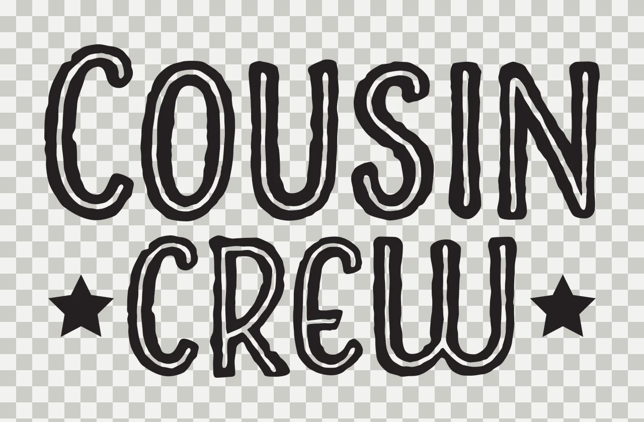 COUSIN CREW Typography Design with black text 'COUSIN', black star on left and black star on right in white transparency and detail preview thumbnail