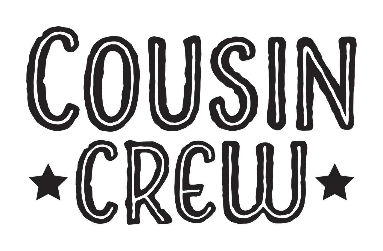 COUSIN CREW Typography Design with black text 'COUSIN', black star on left and black star on right in white