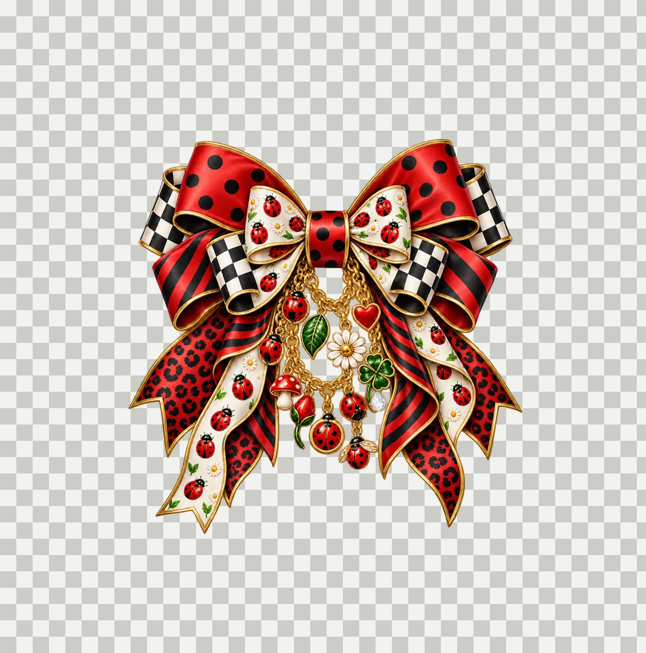 Ladybug Bow Charm PNG, Patterned Boutique Ribbon Clipart, Transparent Sublimation Digital Download transparency and detail preview thumbnail