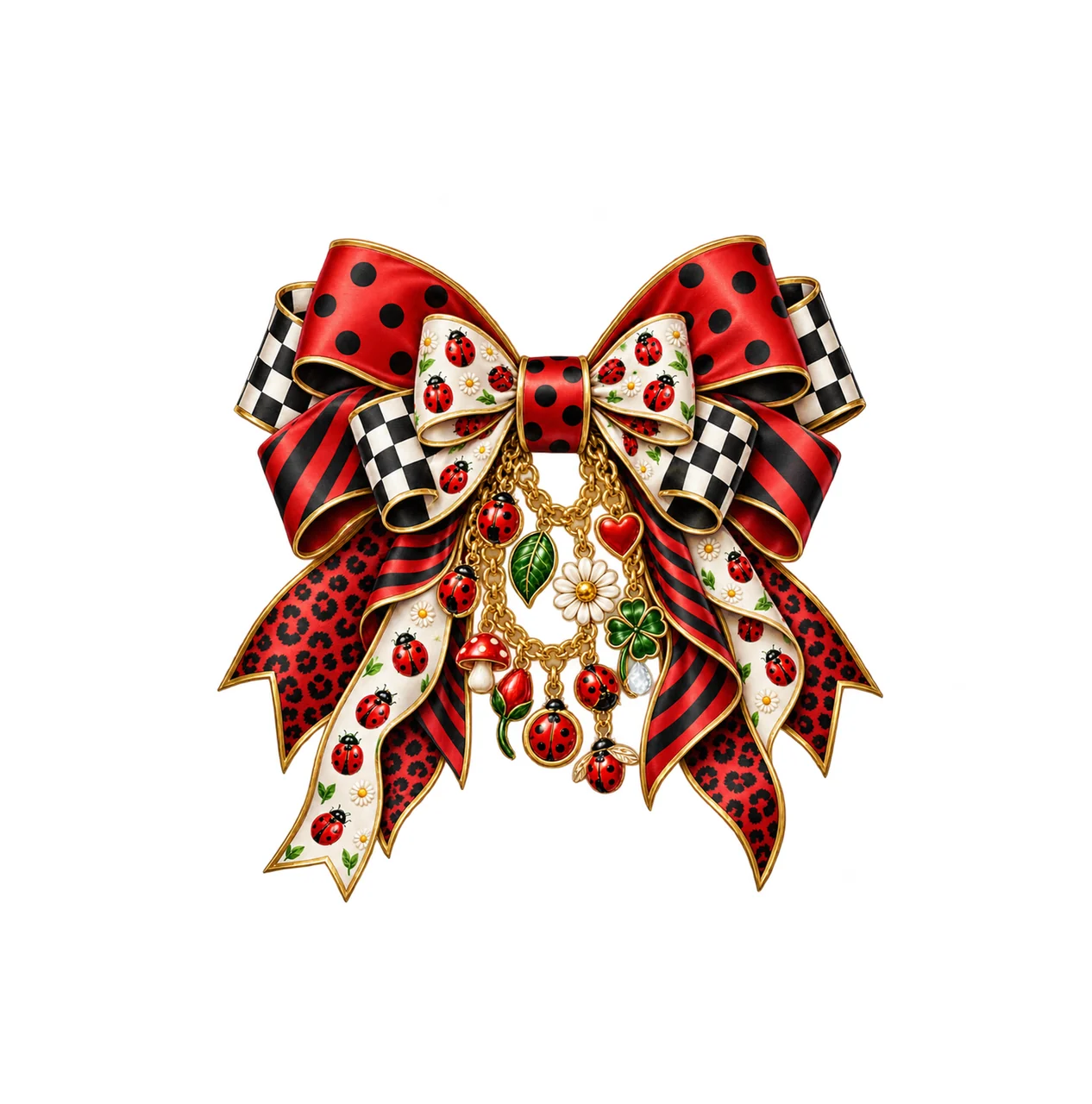 Ladybug Bow Charm PNG, Patterned Boutique Ribbon Clipart, Transparent Sublimation Digital Download