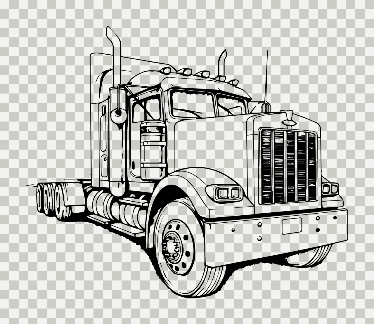 Semi Truck Tractor In Line Art parked cab wheels grille exhaust pipe transparency and detail preview thumbnail