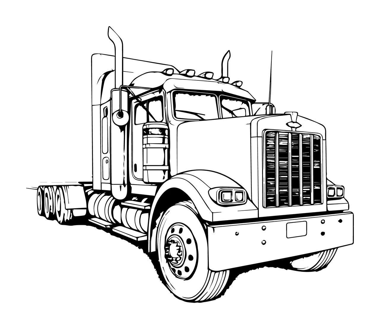 Semi Truck Tractor In Line Art parked cab wheels grille exhaust pipe