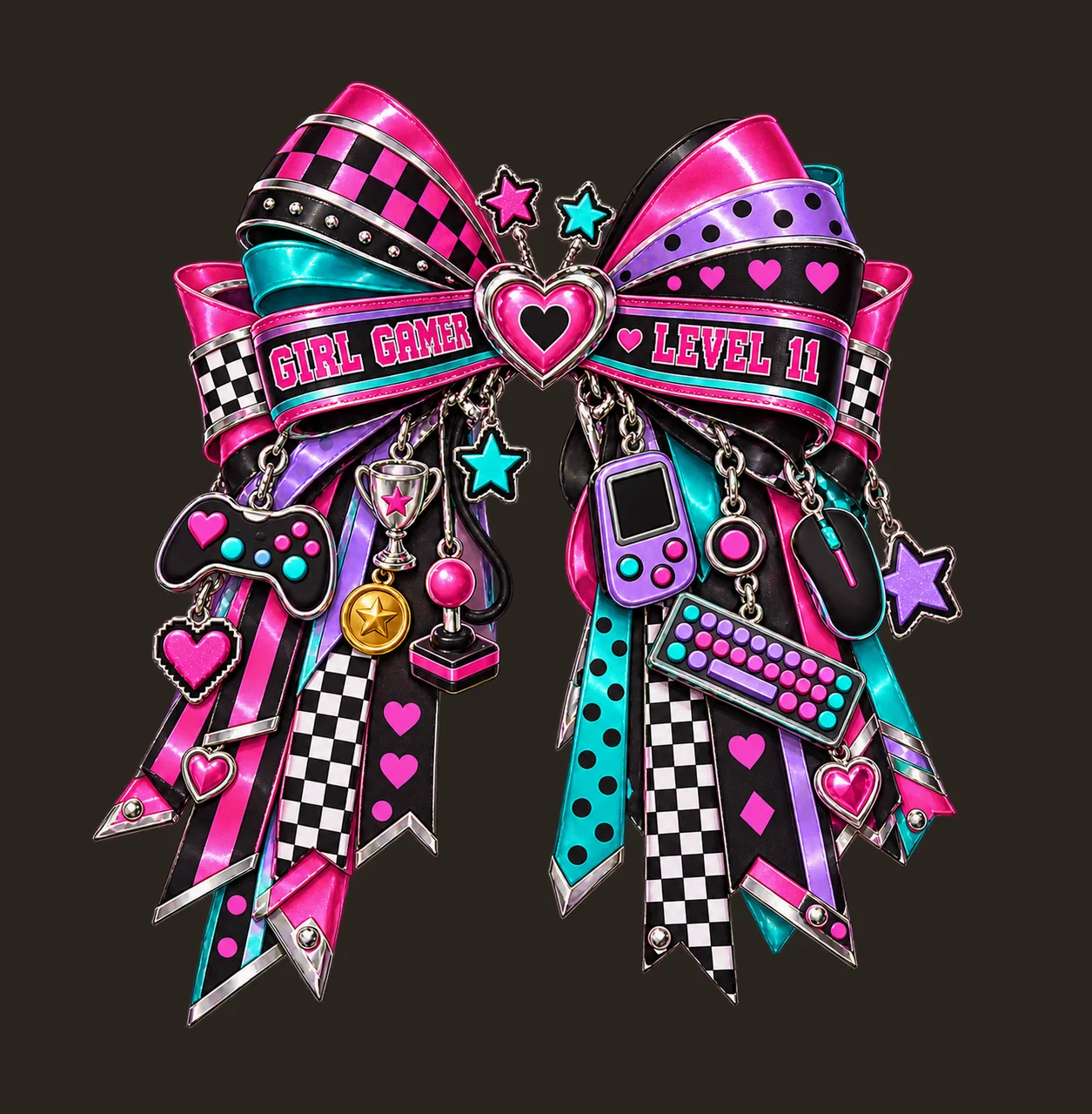Girl Gamer Level 11 Bow Charm PNG, Patterned Coquette Bow Clipart, Transparent Sublimation Digital Download contrast preview thumbnail