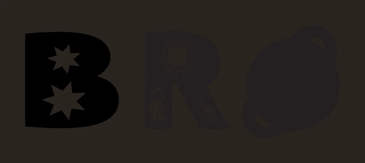 BRO space typography with letter B with stars, letter R with astronaut and sun and letter O as ringed planet in black and white contrast preview thumbnail
