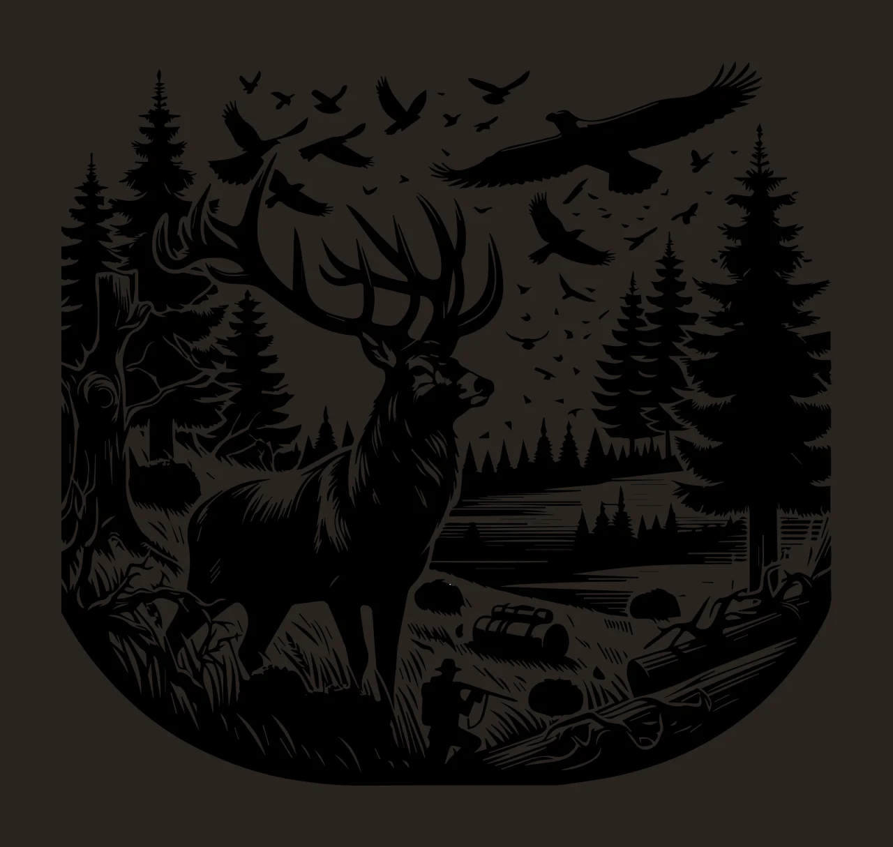 Elk Standing In Forest Landscape birds trees person rifle logs contrast preview thumbnail