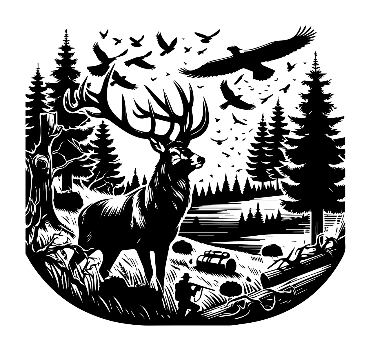 Elk Standing In Forest Landscape birds trees person rifle logs