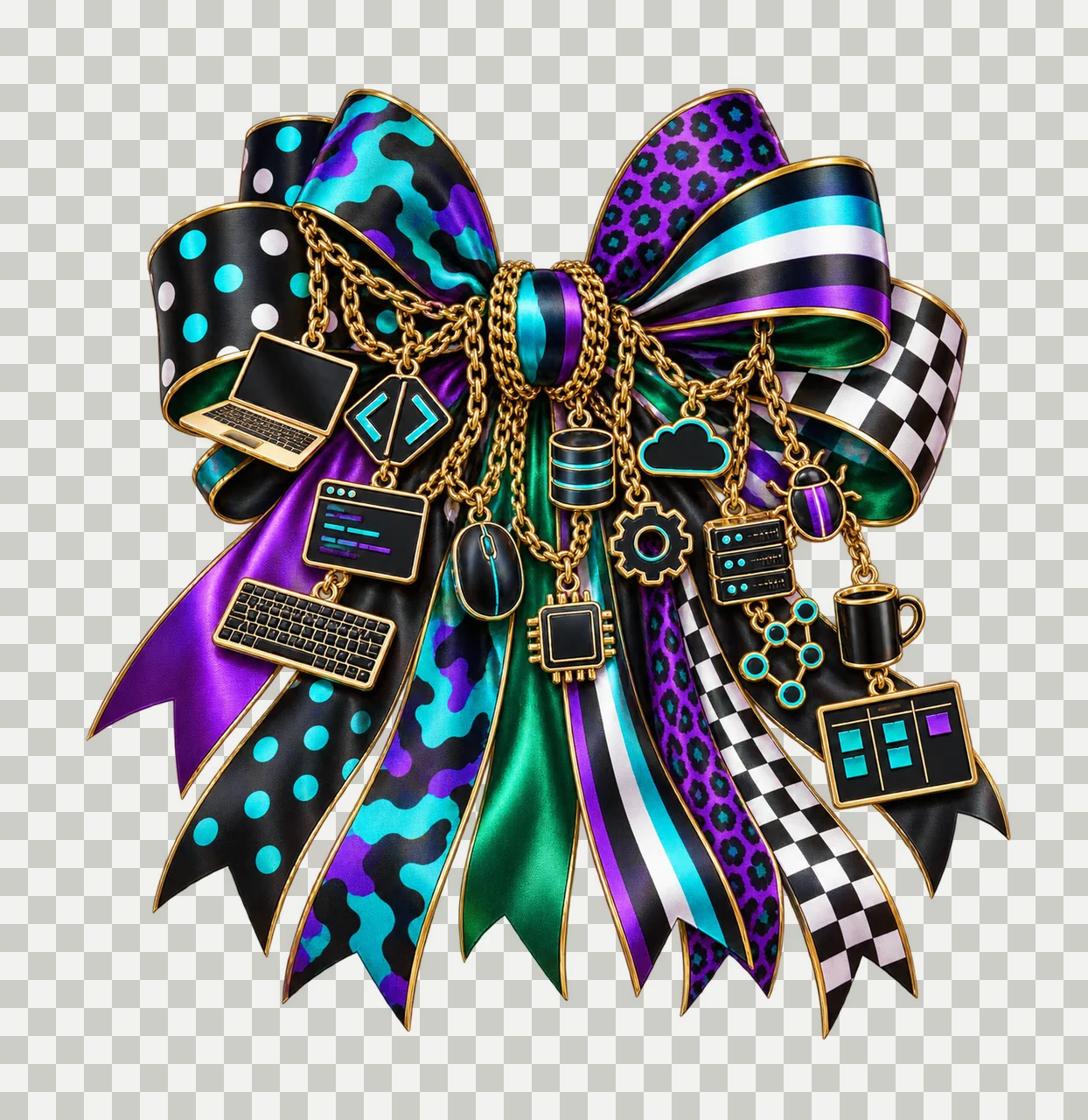 Software Developer Bow Charm PNG, Laptop Code Microchip and Robot Charms, Programmer Sublimation Design, Transparent Download transparency and detail preview thumbnail