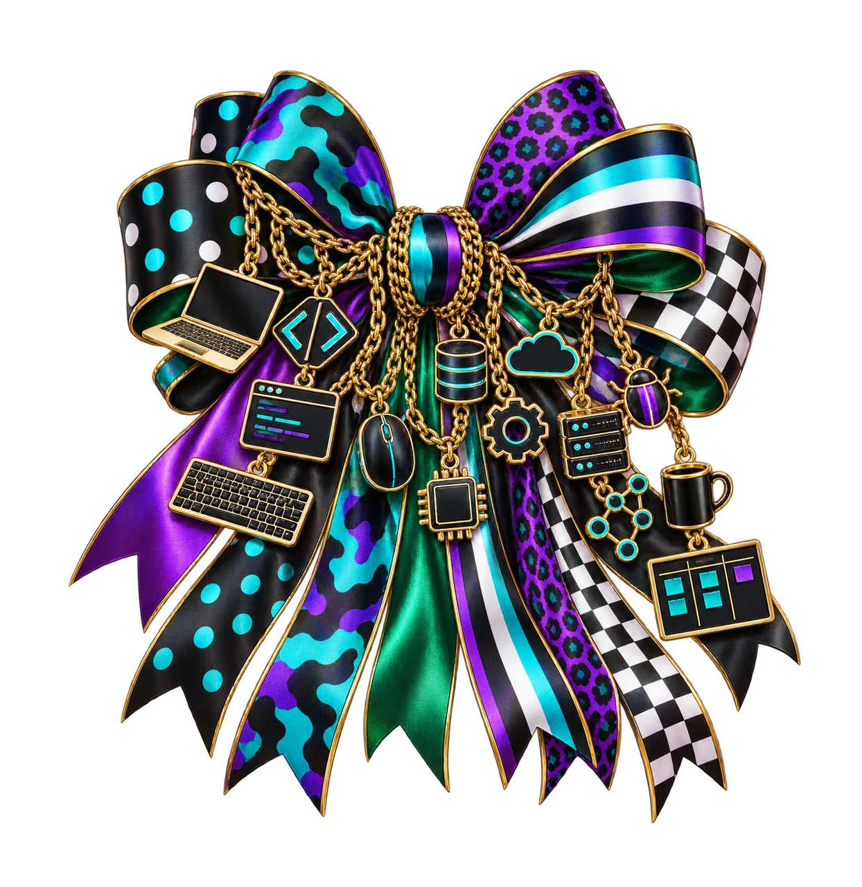 Software Developer Bow Charm PNG, Laptop Code Microchip and Robot Charms, Programmer Sublimation Design, Transparent Download