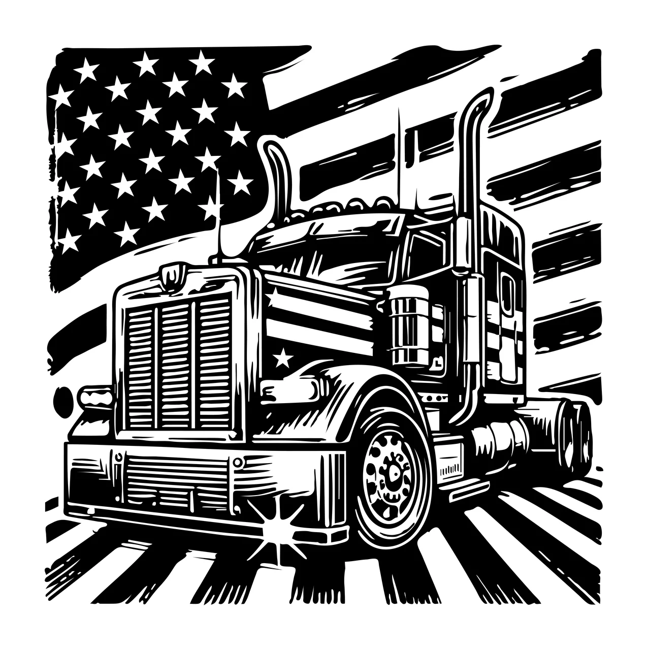 Semi Truck Flag Against American Graphic positioning black