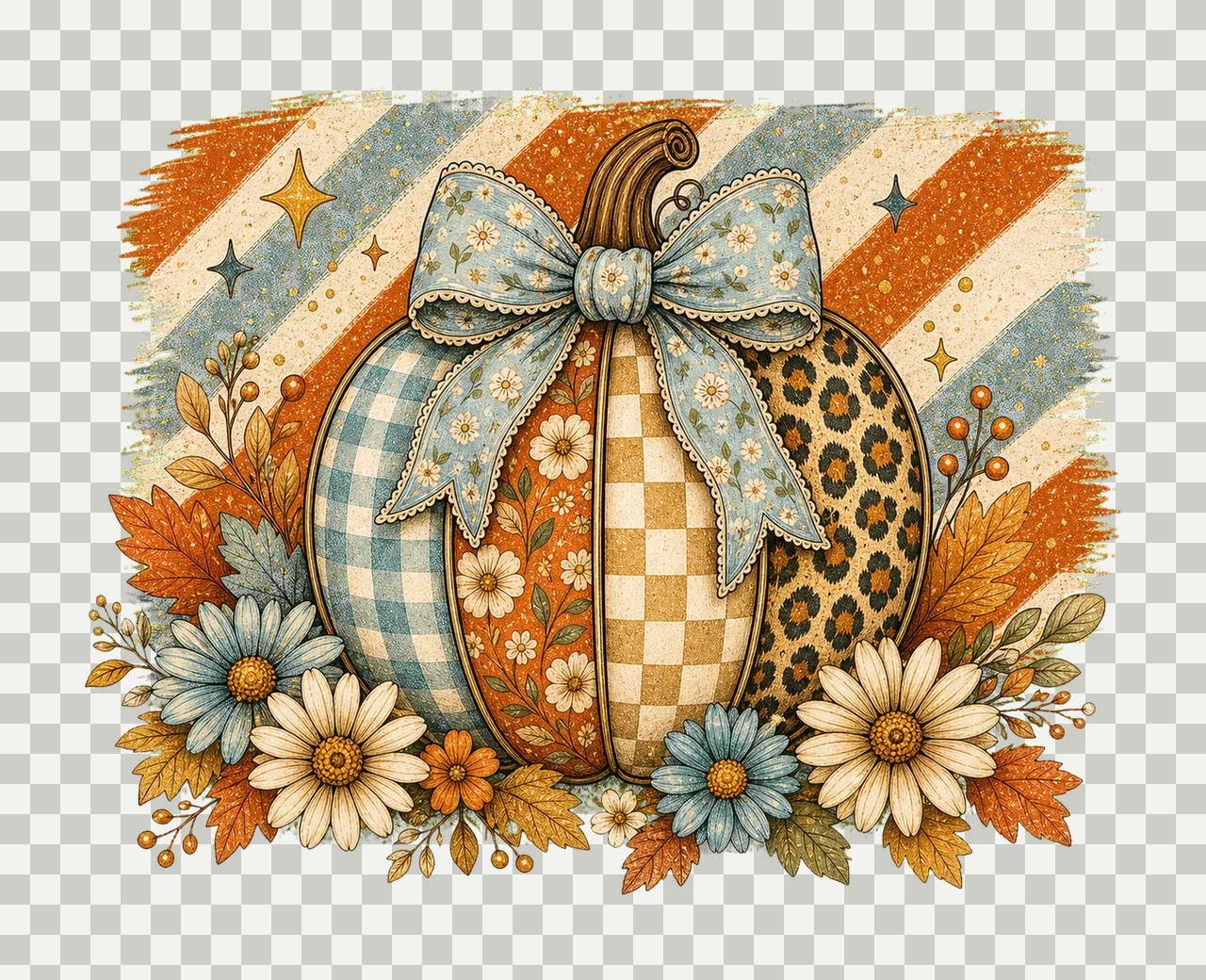 Striped Preppy Fall Pumpkin Glitter Floral Variation A transparency and detail preview thumbnail
