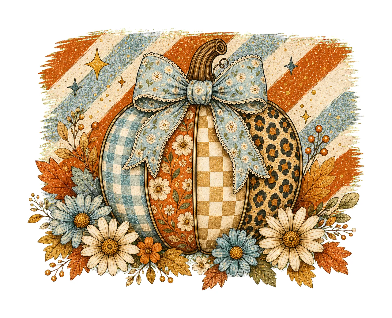 Striped Preppy Fall Pumpkin Glitter Floral Variation A