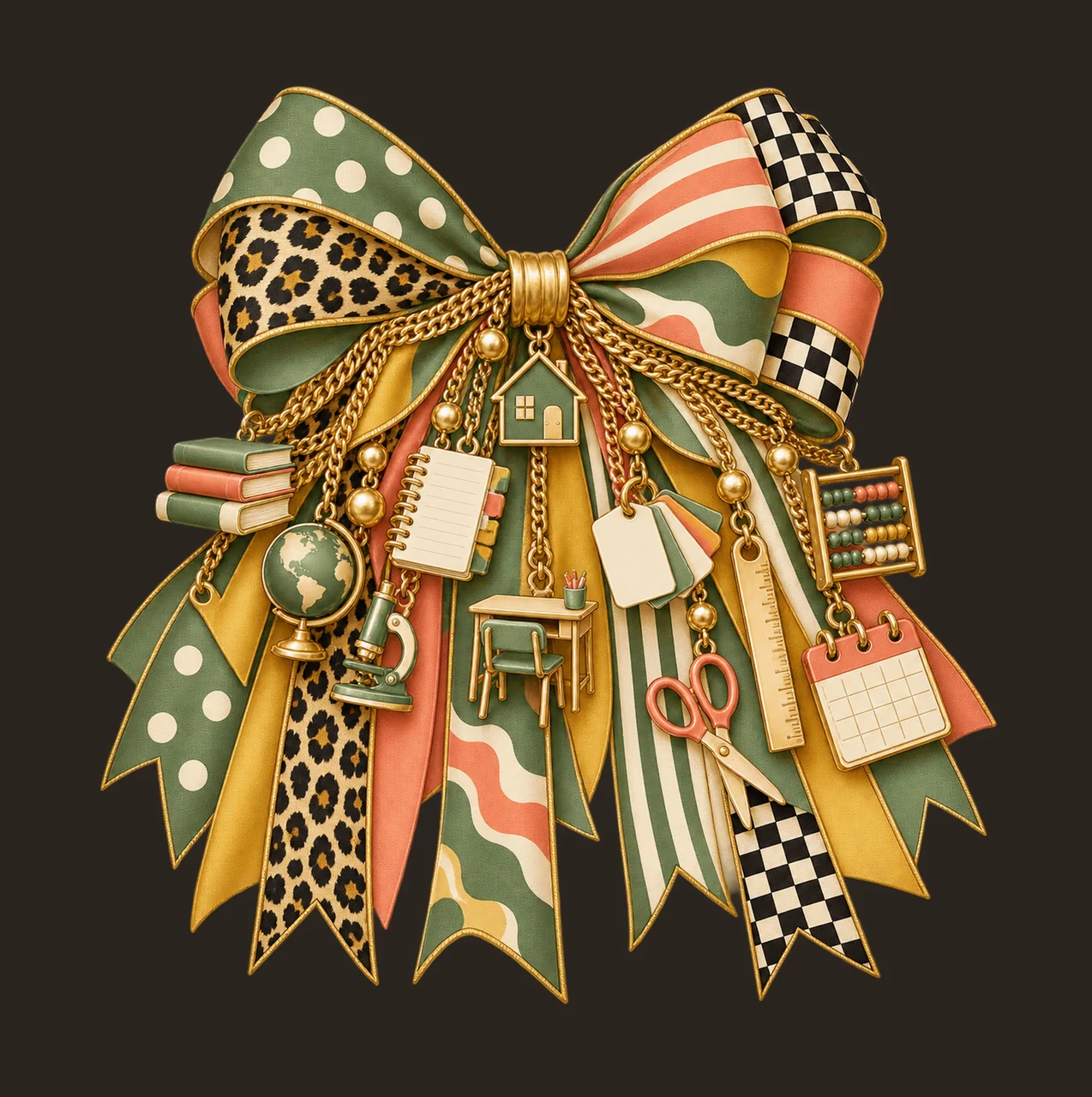 Homeschool Mom Bow Charm PNG, Gold Chain Charms, Transparent Sublimation Design, Digital Download contrast preview thumbnail
