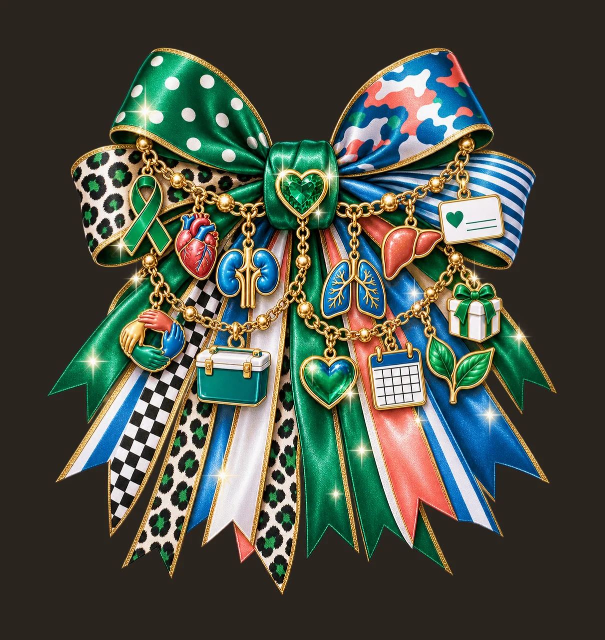 Organ Donation Awareness Bow Charm PNG, Themed Gold Chain Charms, Coquette Ribbon Sublimation Design, Transparent Digital Download contrast preview thumbnail