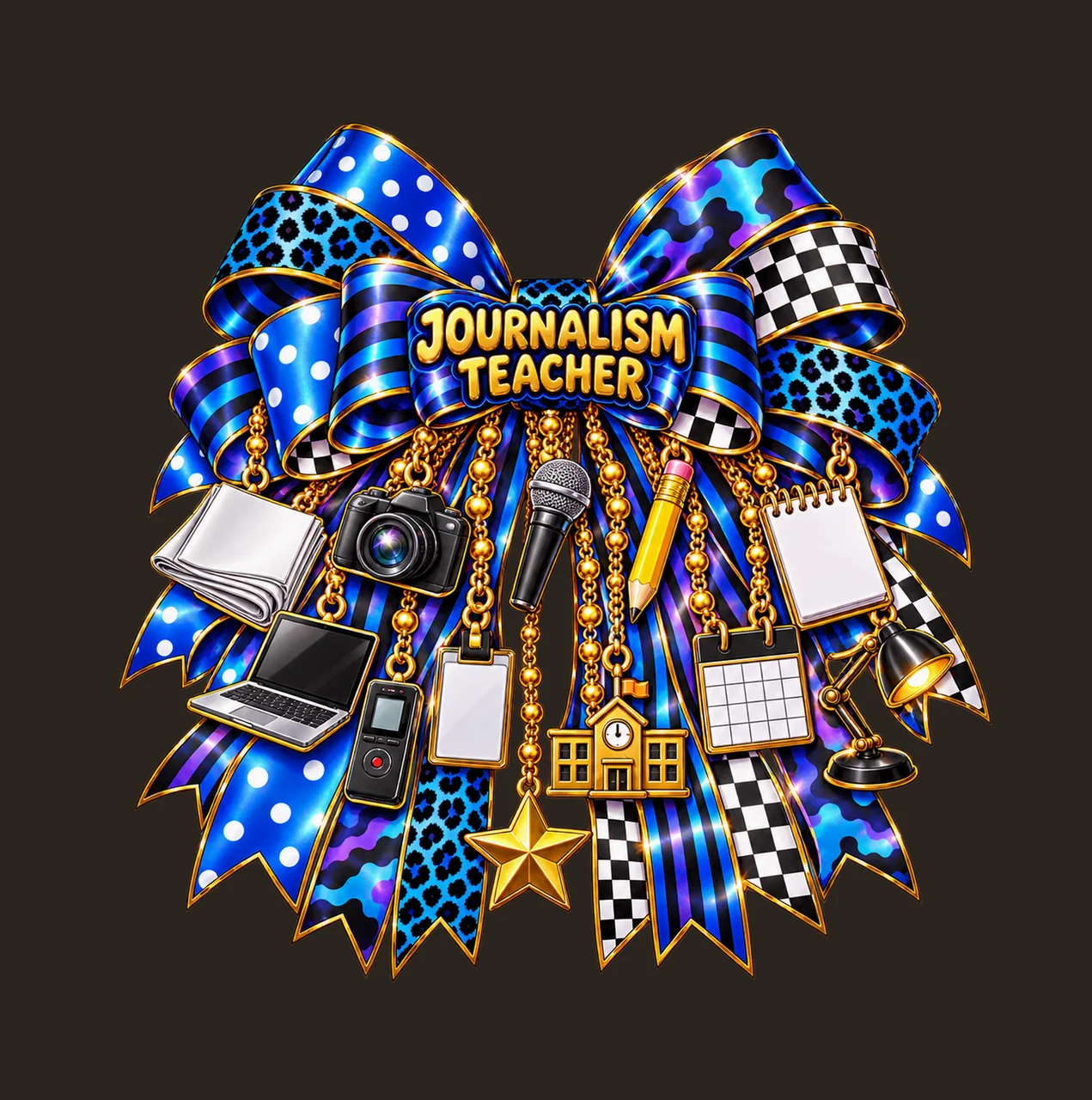 Journalism Teacher Bow Charm PNG, Gold Chain Charms, Transparent Sublimation Design, Digital Download contrast preview thumbnail