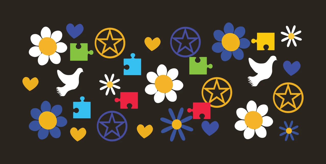 Abstract pattern of puzzle pieces, stars, flowers, hearts, and circles Illustration with green puzzle piece, blue puzzle piece, red puzzle piece and yellow star in circle contrast preview thumbnail