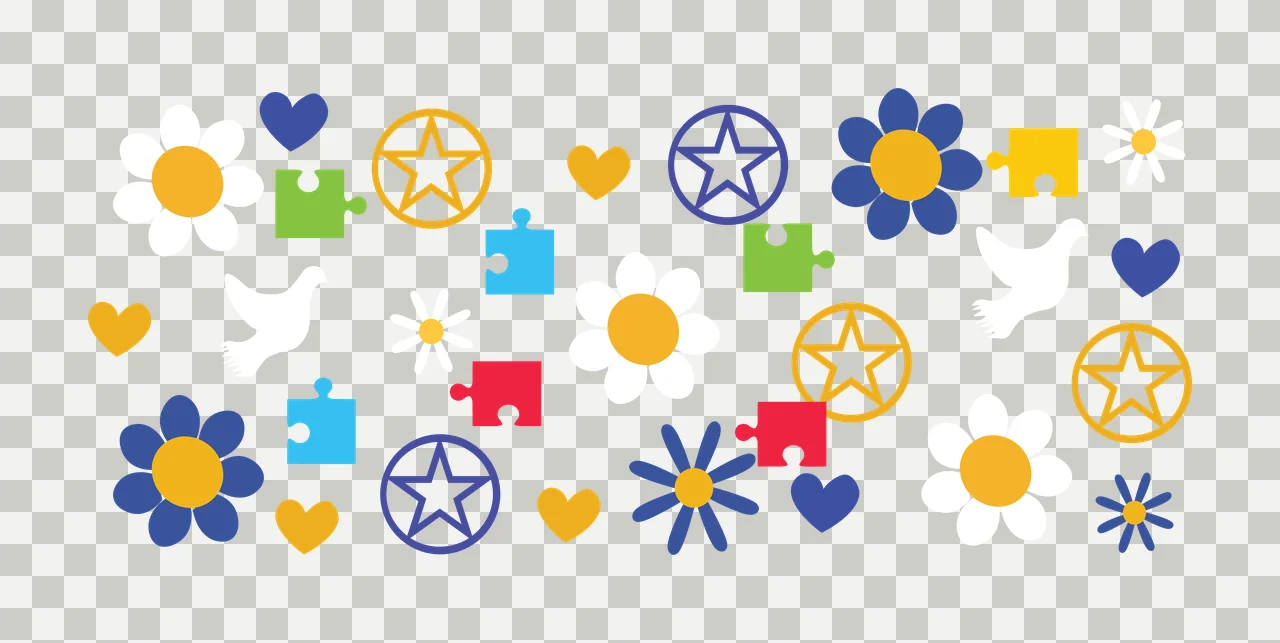 Abstract pattern of puzzle pieces, stars, flowers, hearts, and circles Illustration with green puzzle piece, blue puzzle piece, red puzzle piece and yellow star in circle transparency and detail preview thumbnail