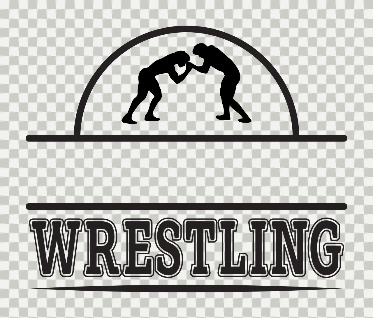 WRESTLING wrestling silhouettes Design with wrestlers, semi circle arch, split frame lines and outlined text in black and white transparency and detail preview thumbnail