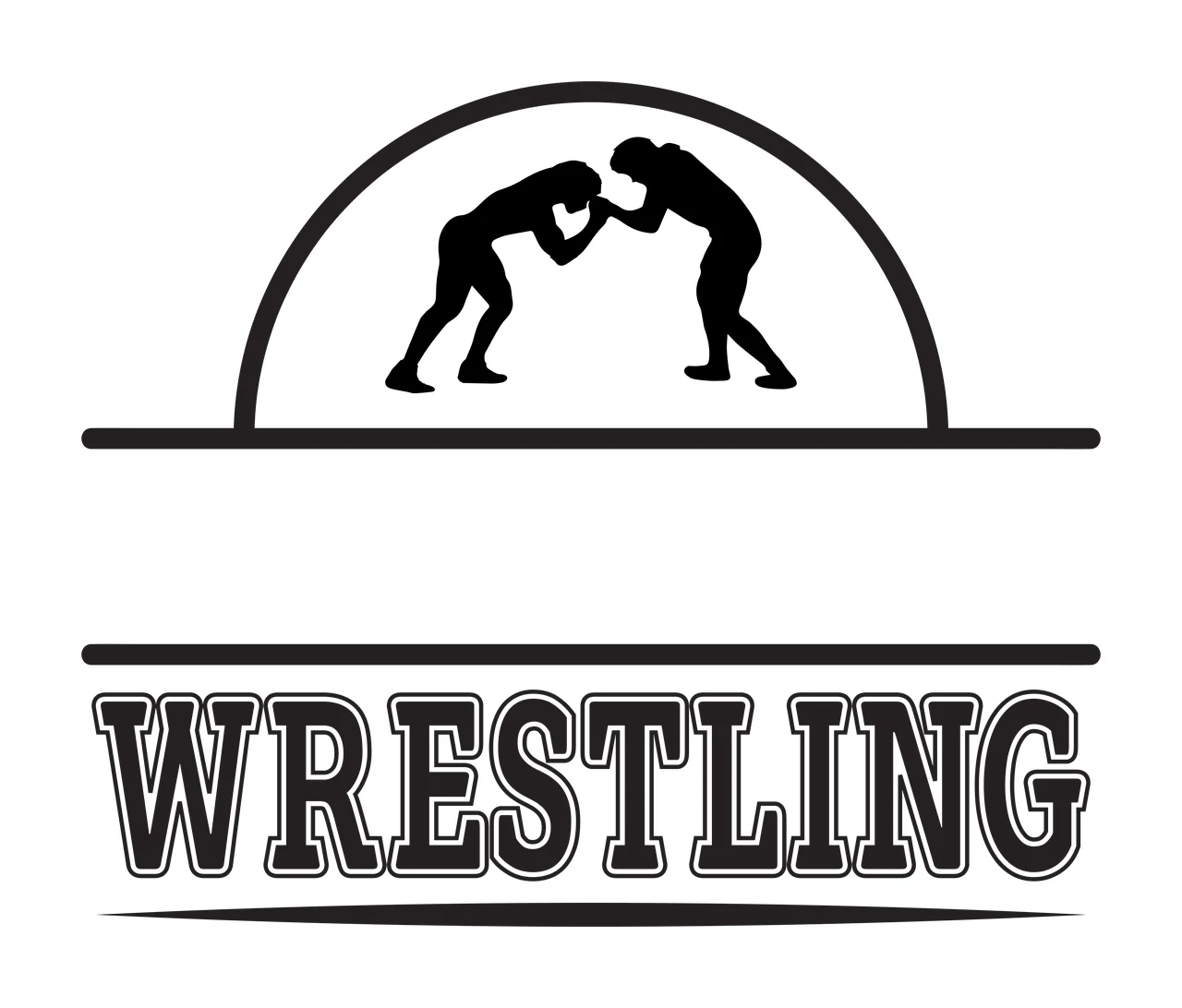 WRESTLING wrestling silhouettes Design with wrestlers, semi circle arch, split frame lines and outlined text in black and white