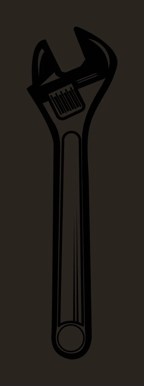 Line Art Illustration of adjustable wrench with open jaws, knurled screw, handle and hanging hole in black and white contrast preview thumbnail