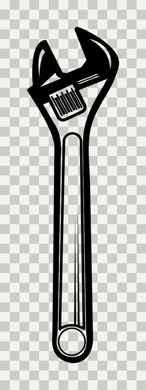 Line Art Illustration of adjustable wrench with open jaws, knurled screw, handle and hanging hole in black and white transparency and detail preview thumbnail