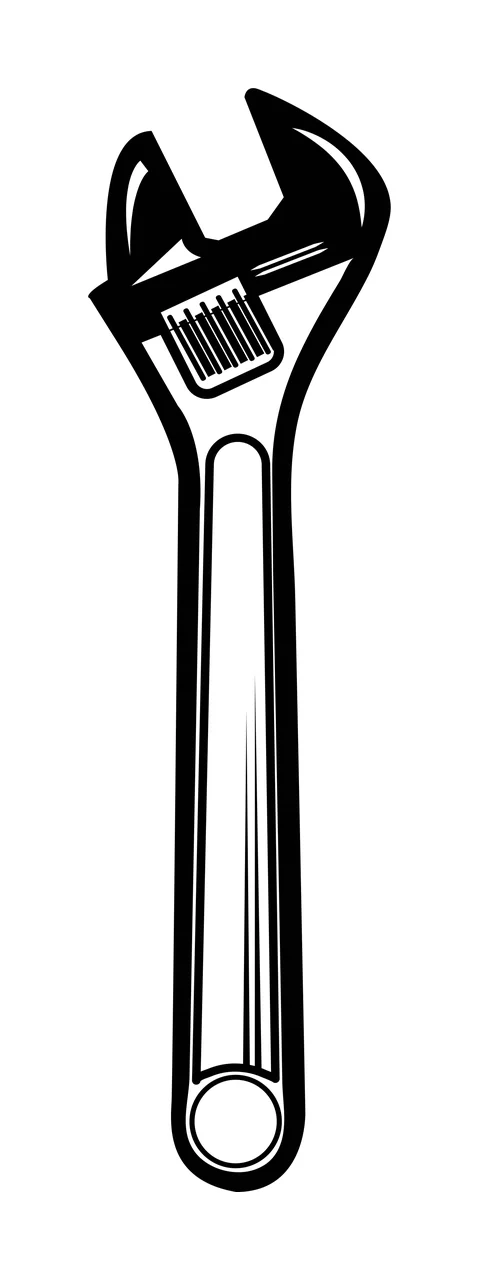 Line Art Illustration of adjustable wrench with open jaws, knurled screw, handle and hanging hole in black and white