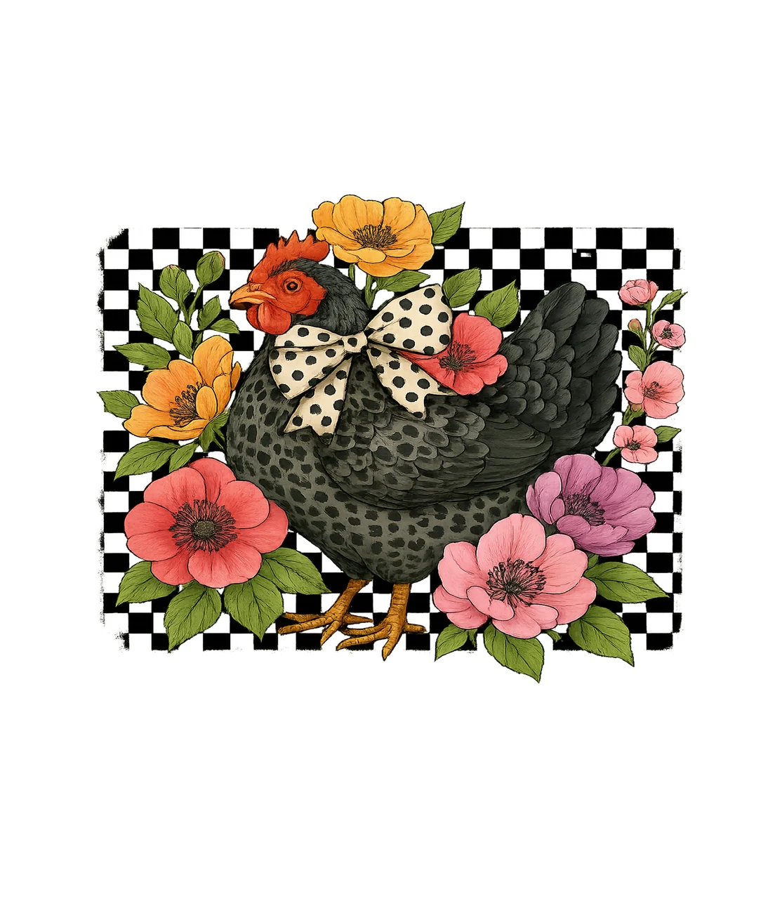 Flower Chicken Surrounded By Flowers With And Bow leaves