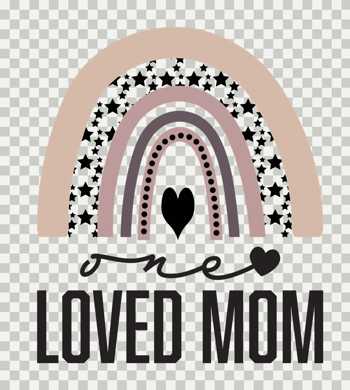 One LOVED MOM boho rainbow Design with rainbow arches, star pattern, dots pattern and heart shape in beige, black and dusty rose transparency and detail preview thumbnail