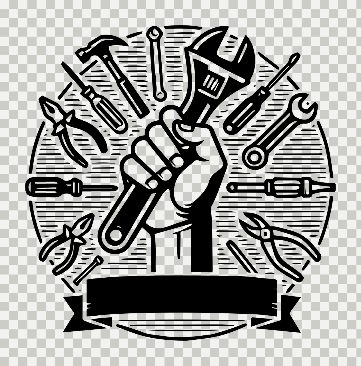 Hand Holding Wrench With Assorted Tools hammer pliers screwdriver transparency and detail preview thumbnail