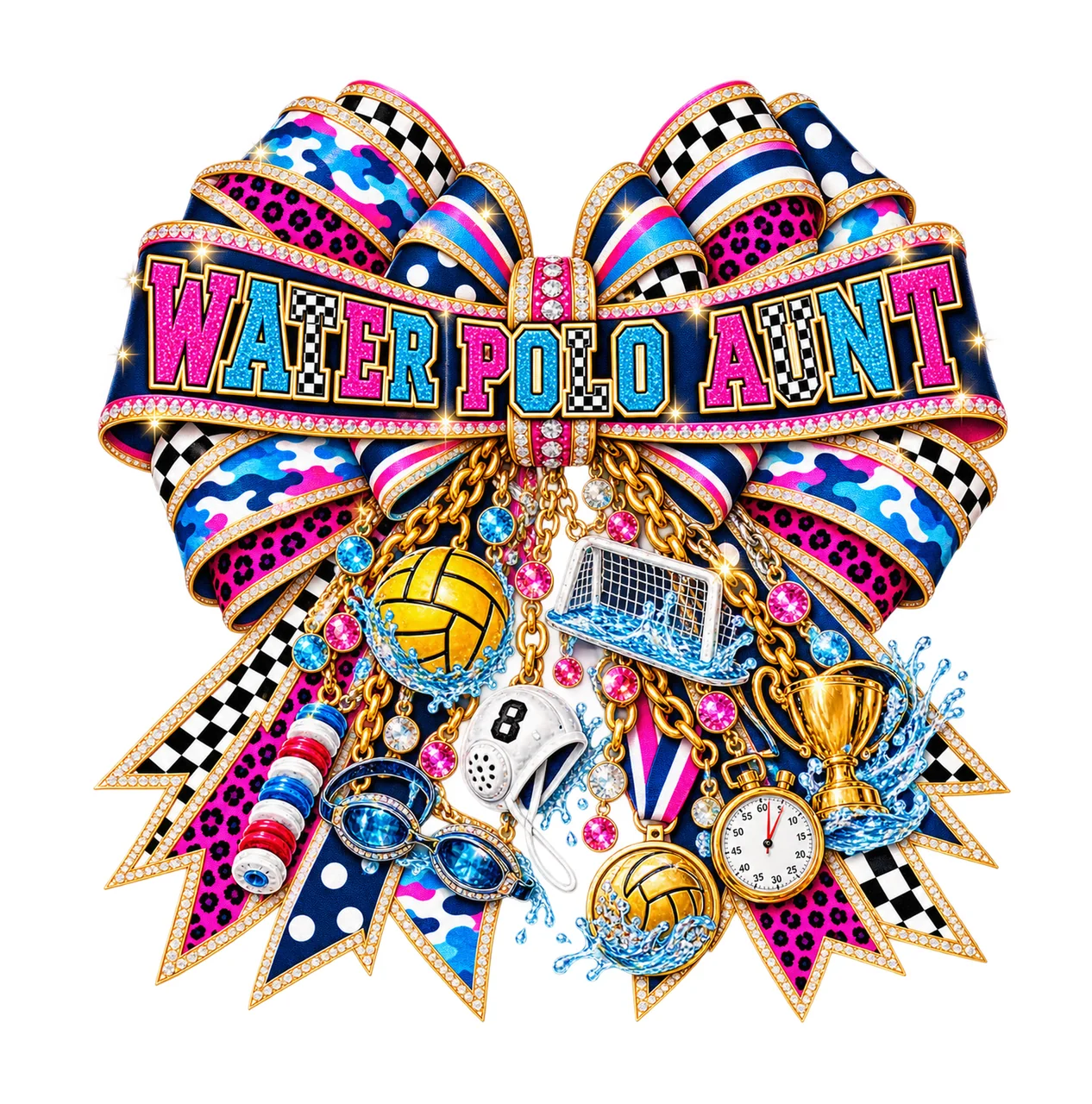 Water Polo Aunt Bow Charm PNG, Patterned Varsity Aunt Ribbon Clipart, Transparent Sublimation Digital Download