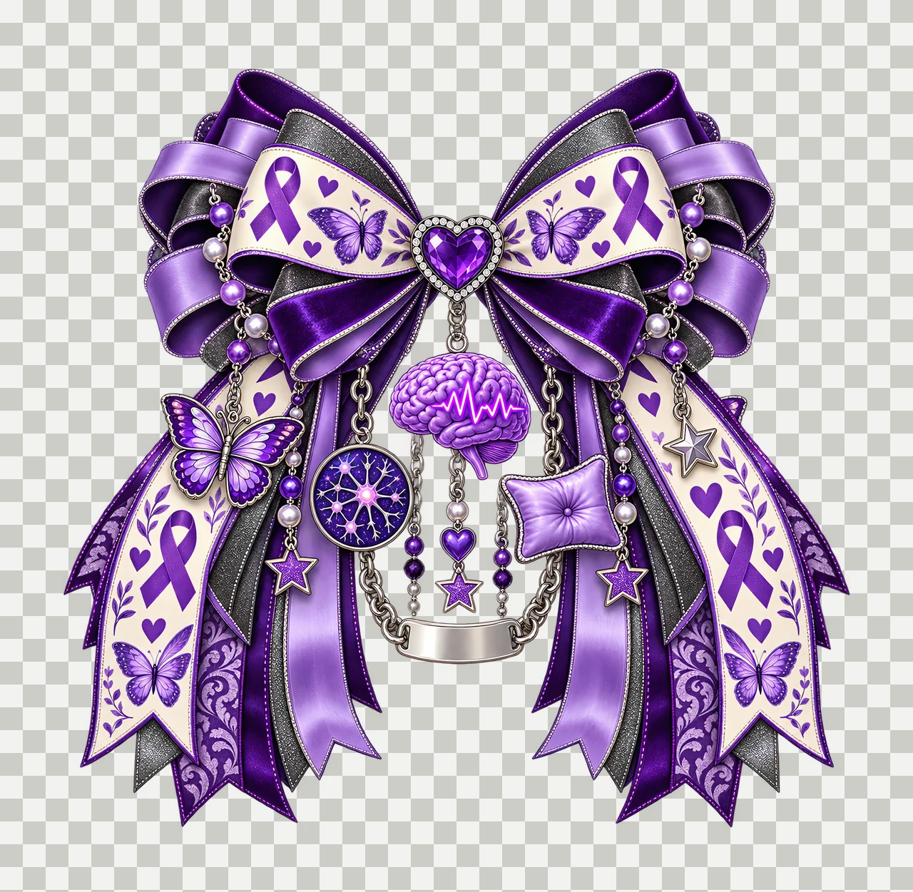 Epilepsy Awareness PNG, Purple Ribbon and Brain Coquette Bow, No Text Sublimation Clipart, Transparent Digital Download transparency and detail preview thumbnail