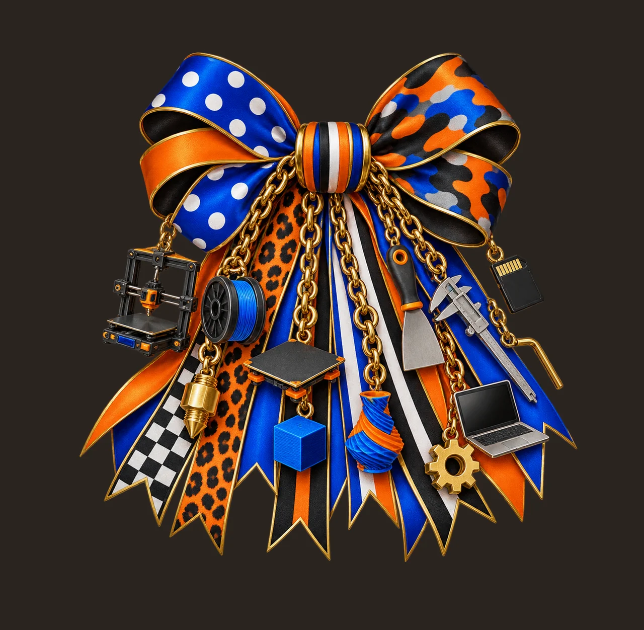 3D Printing Hobbyist Bow Charm PNG, Gold Chain Charms, Transparent Sublimation Design, Digital Download contrast preview thumbnail