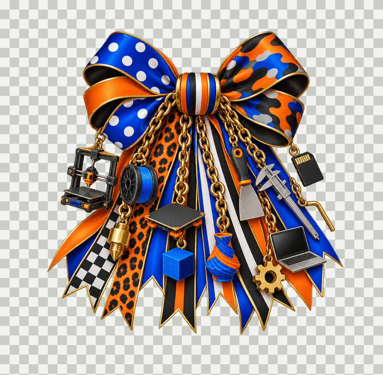 3D Printing Hobbyist Bow Charm PNG, Gold Chain Charms, Transparent Sublimation Design, Digital Download transparency and detail preview thumbnail