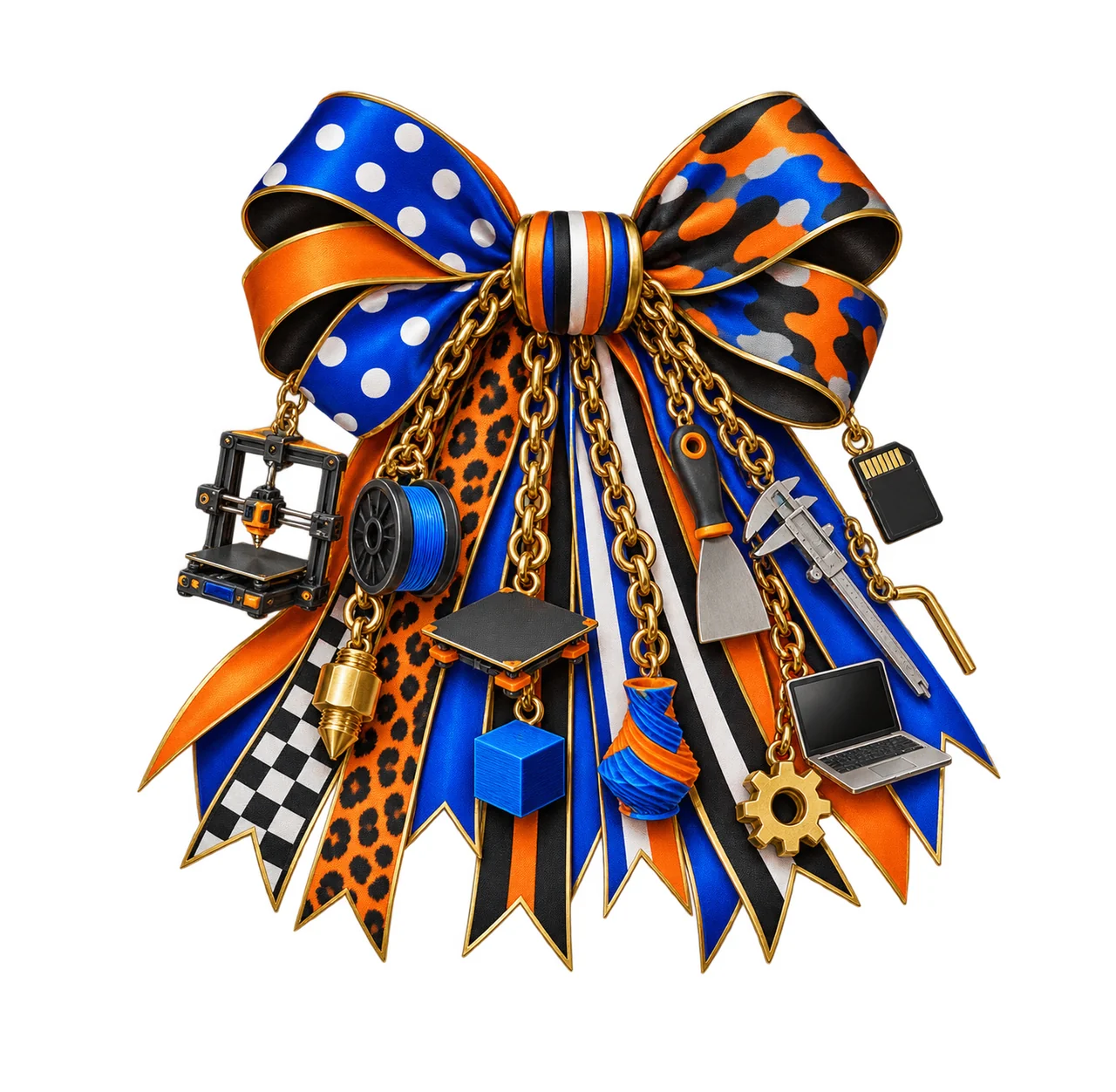 3D Printing Hobbyist Bow Charm PNG, Gold Chain Charms, Transparent Sublimation Design, Digital Download