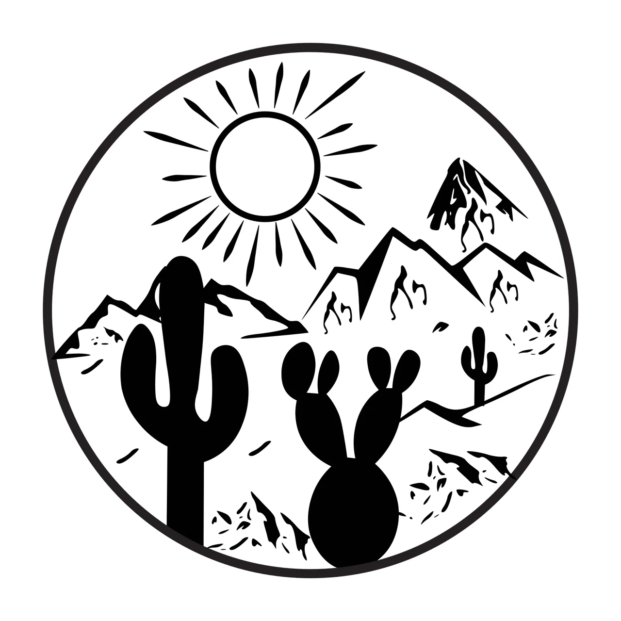 Silhouette Design of Circular desert landscape design with sun with rays, mountains, saguaro cactus and prickly pear cactus in black and white