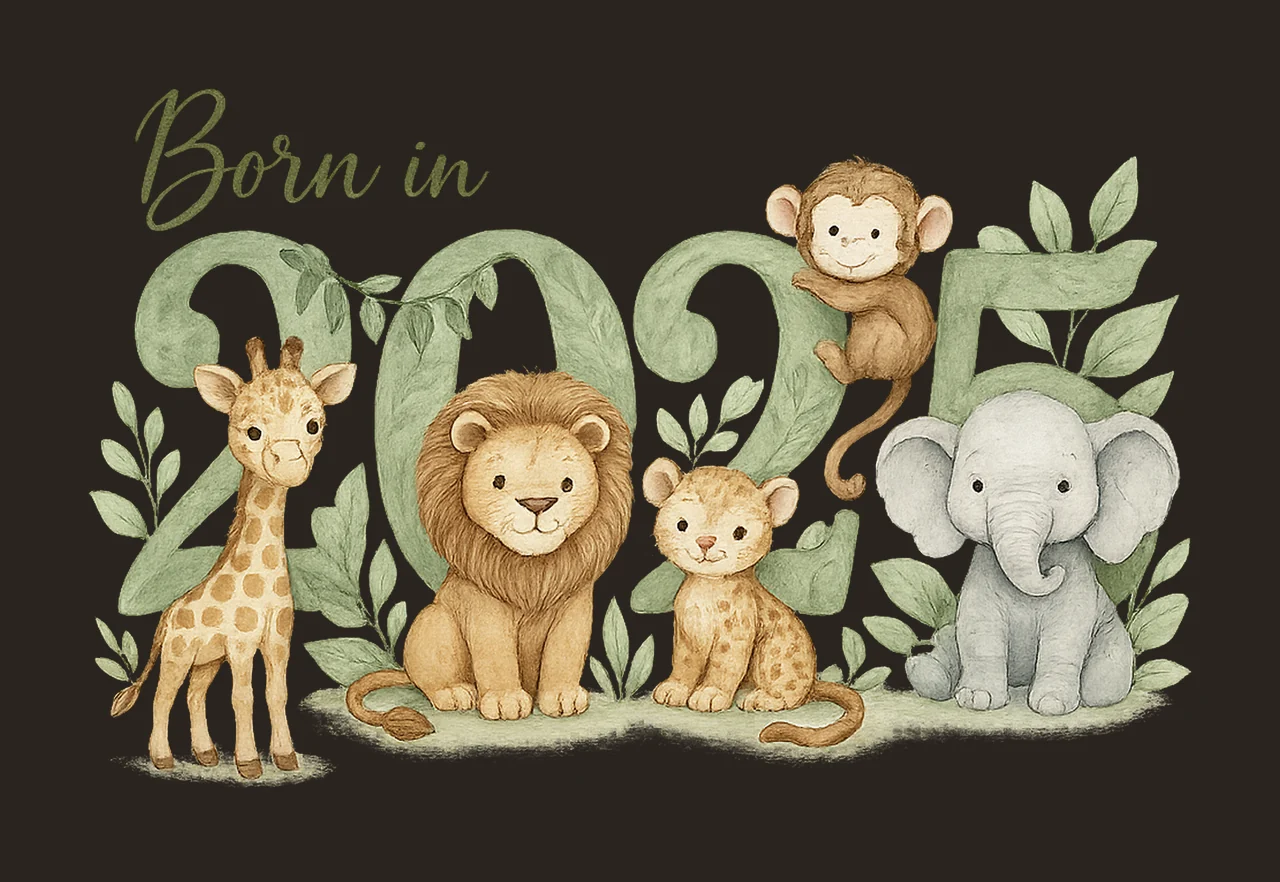 Safari Animals Born 2025 Sage Green Artwork Baby Vest Design contrast preview thumbnail