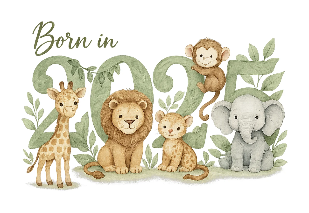 Safari Animals Born 2025 Sage Green Artwork Baby Vest Design