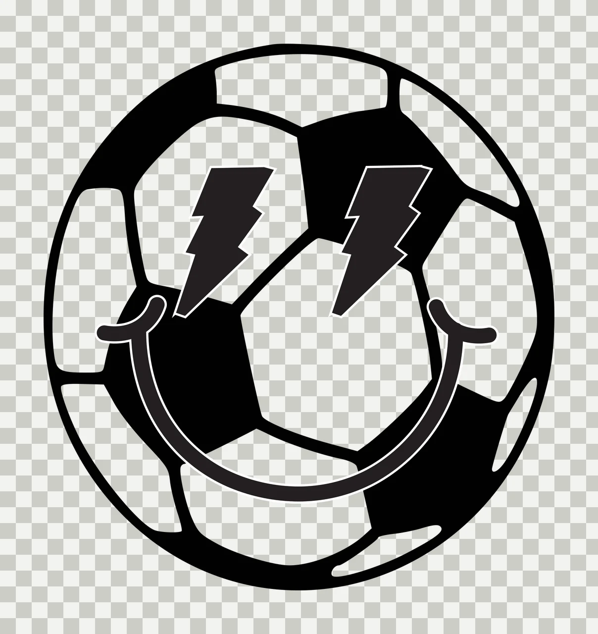 Soccer ball with stylized facial features Illustration with black and white soccer ball, two black lightning bolts, curved black smile and black outlines transparency and detail preview thumbnail