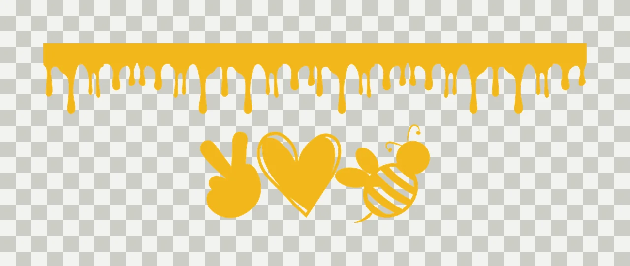Honey-themed decorative banner with three yellow icons Illustration with yellow honey drip border, peace sign icon, heart icon and bee icon with stripes in white transparency and detail preview thumbnail