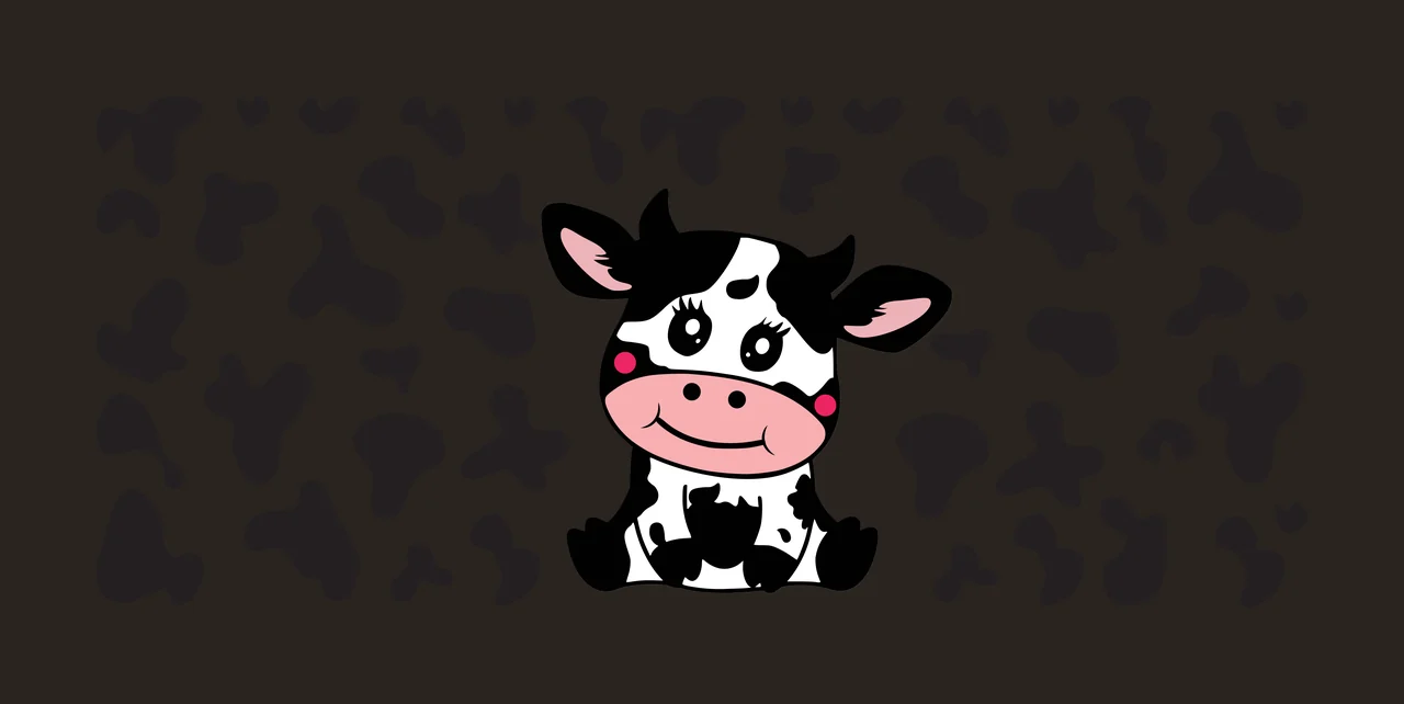 Flat Cartoon Illustration of Sitting cartoon cow with black and white spotted coat with pink nose, pink cheeks, black ears and black eyes with long lashes contrast preview thumbnail