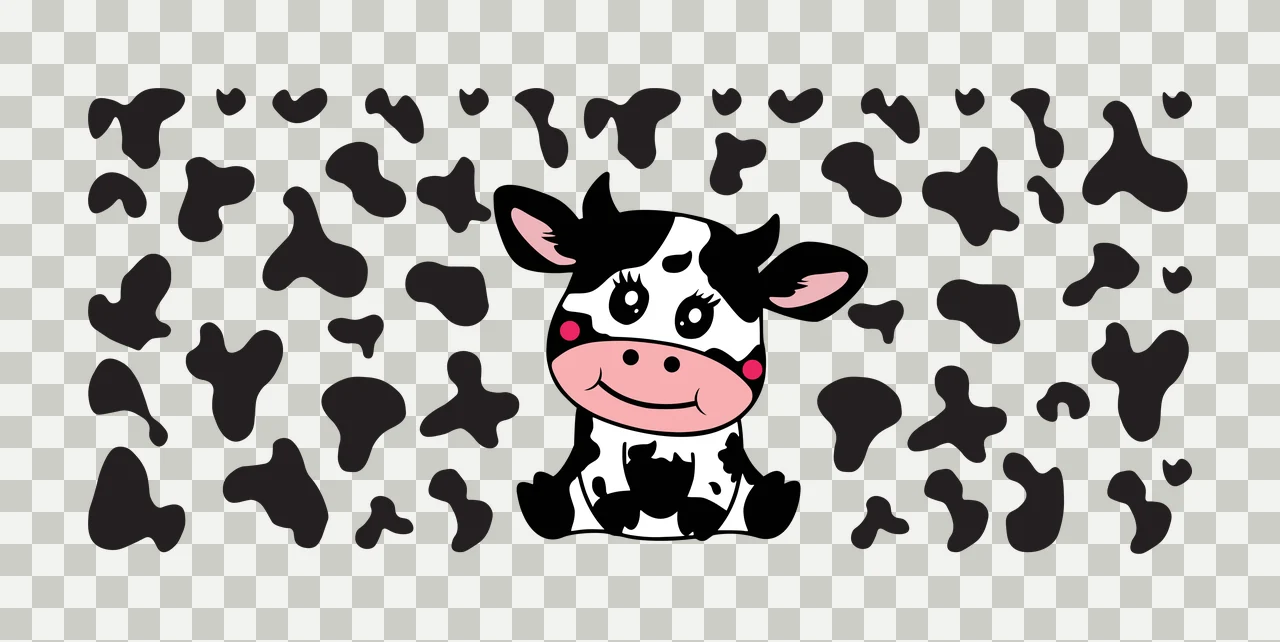 Flat Cartoon Illustration of Sitting cartoon cow with black and white spotted coat with pink nose, pink cheeks, black ears and black eyes with long lashes transparency and detail preview thumbnail