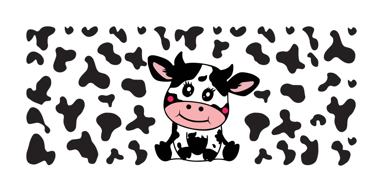 Flat Cartoon Illustration of Sitting cartoon cow with black and white spotted coat with pink nose, pink cheeks, black ears and black eyes with long lashes